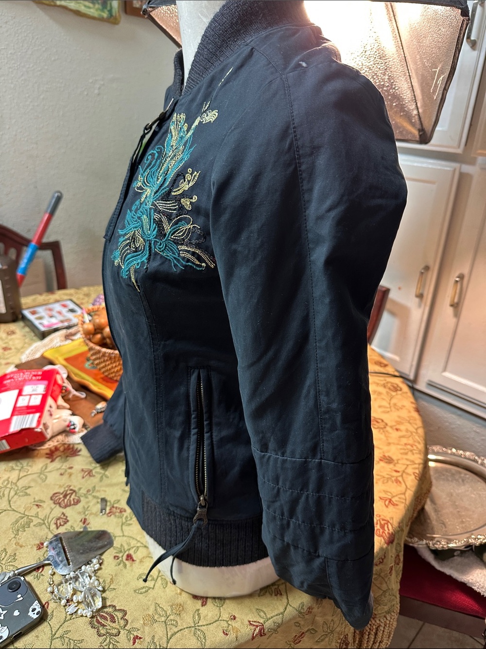 Diesel Black Bomber Jacket with Teal & Gold Embroidery - Picture 2 of 14